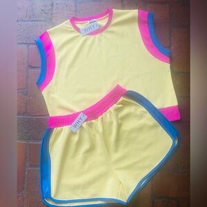 Vibrant Yellow Sleeveless Set with Pink and Blue Accents